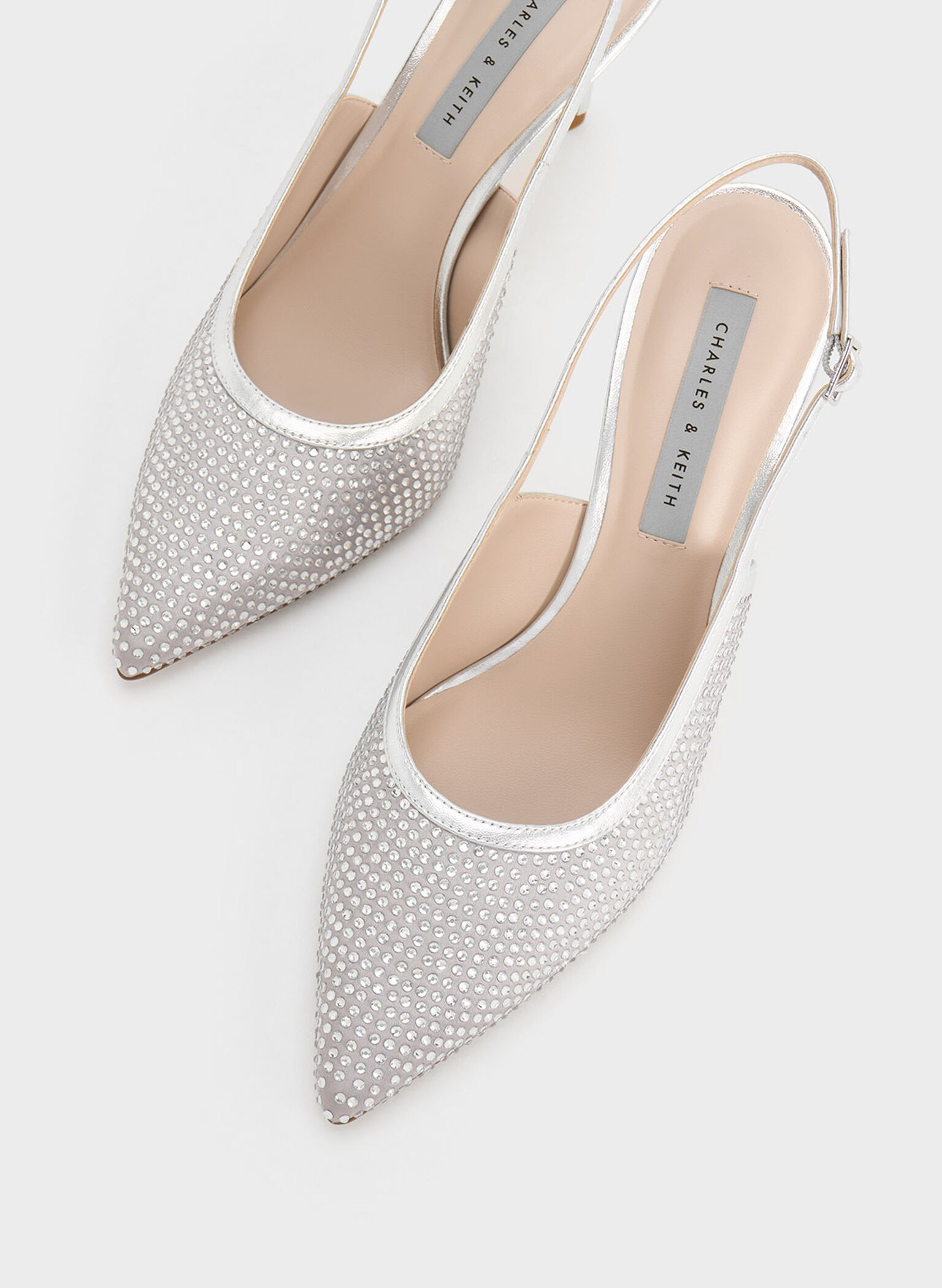 Satin Crystal-Embellished Slingback Pumps, Silver, hi-res