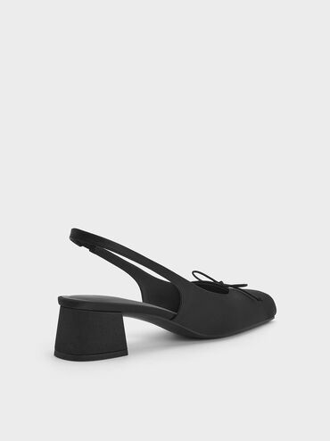 Satin Bow Square-Toe Slingback Pumps, Black Textured, hi-res