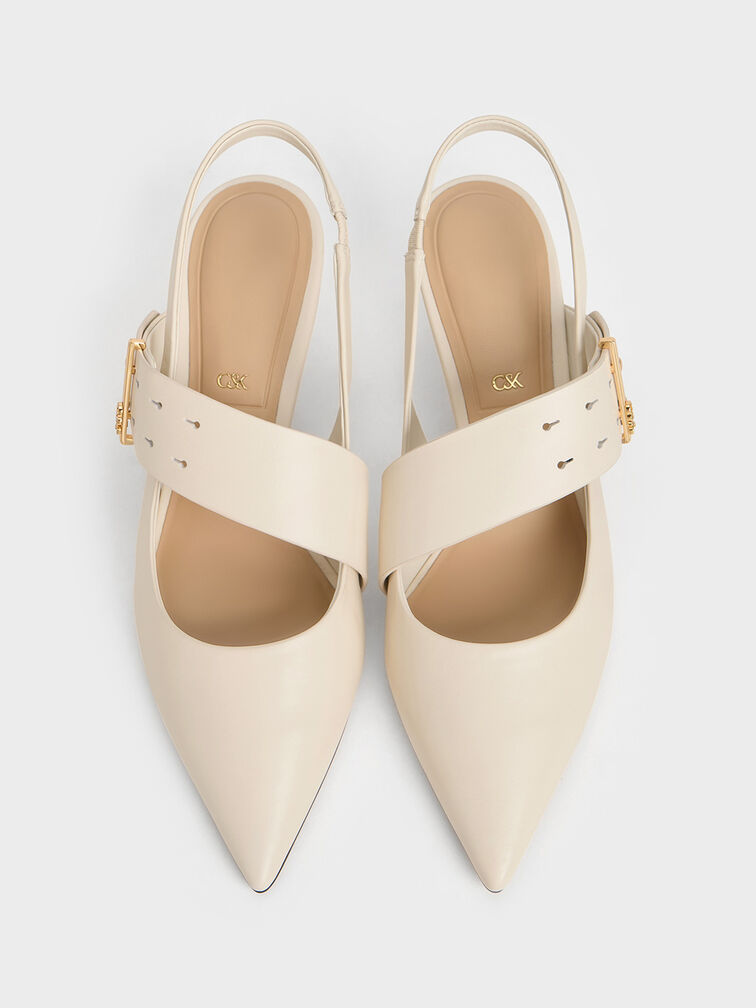 Leather Asymmetric-Strap Slingback Mary Jane Pumps, White, hi-res