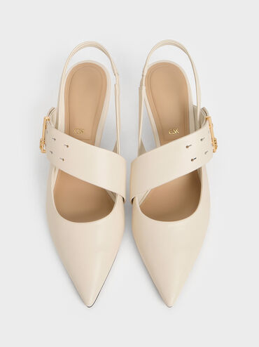 Leather Asymmetric-Strap Slingback Mary Jane Pumps, White, hi-res