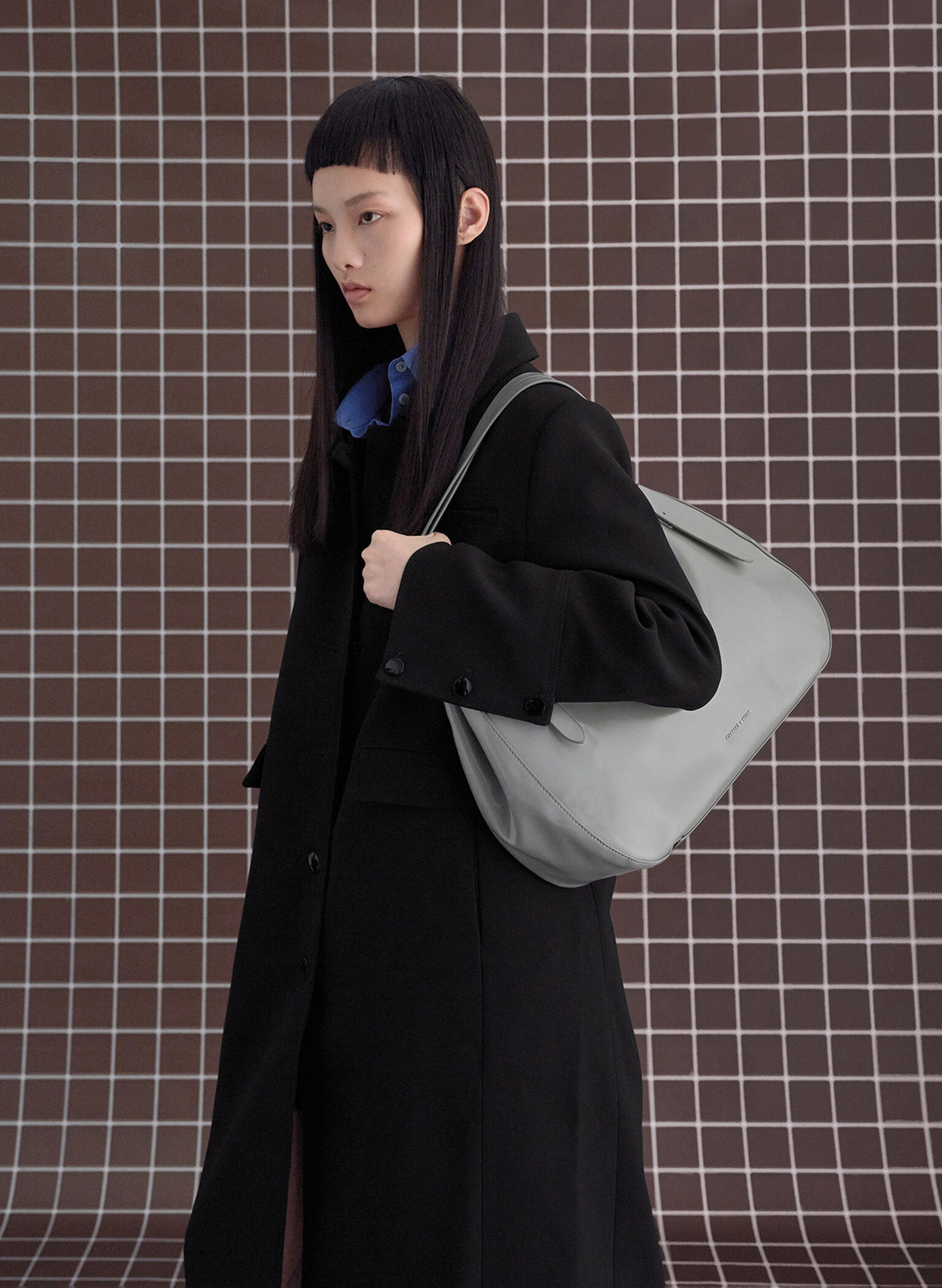 Buckle-Strap Slouchy Tote Bag, Grey, hi-res