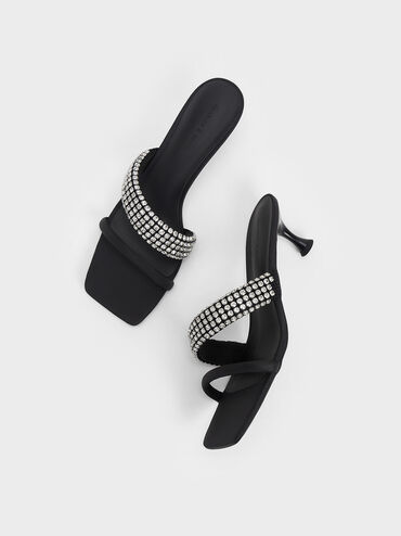 Gem Embellished Strappy Mules, Black, hi-res