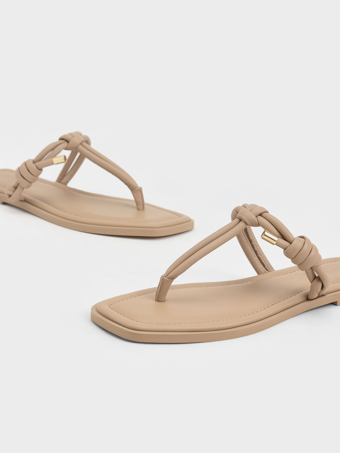 Leather Knotted Tubular Strap Thong Sandals, Nude, hi-res