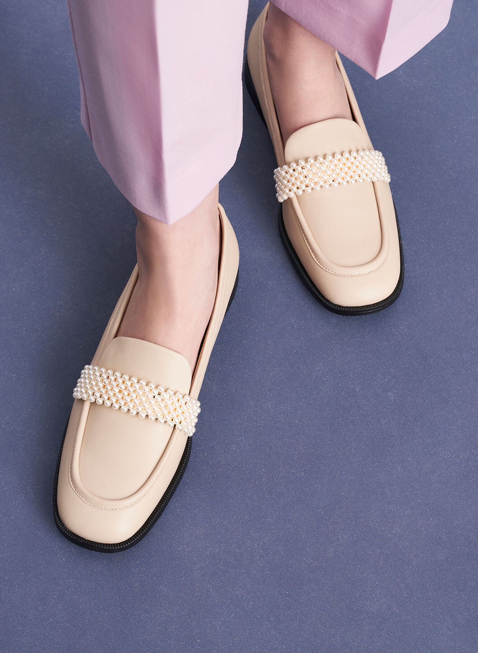 Beaded Penny Loafers, Beige, hi-res