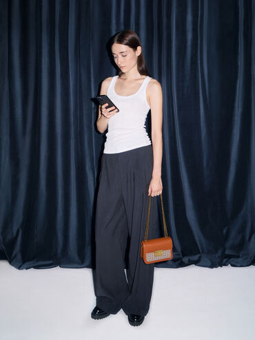 Alva Checkered Front Flap Bag, Cognac, hi-res