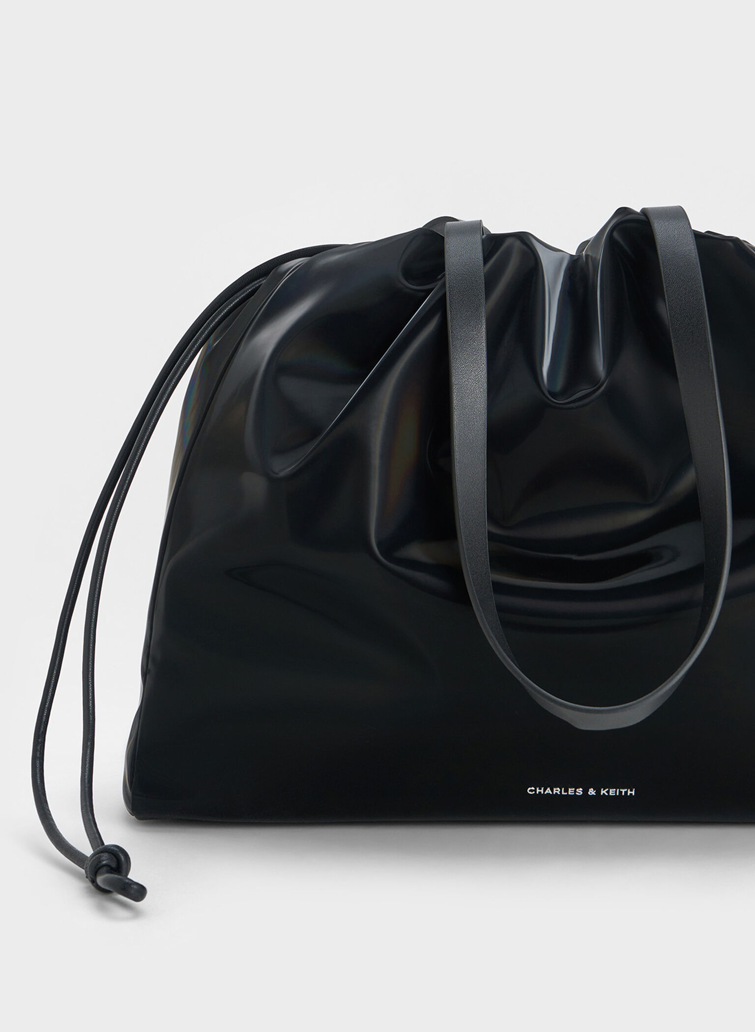 Bethel Shiny Ruched Drawstring Tote Bag, Jet Black, hi-res