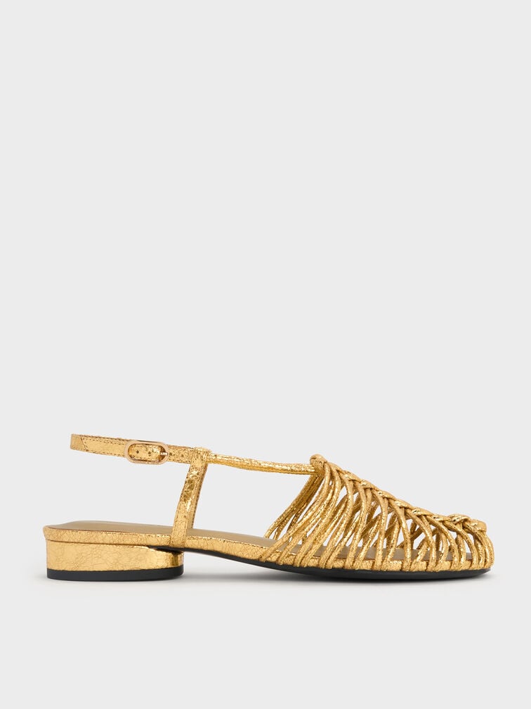 Metallic Woven Slingback Caged Sandals, Gold, hi-res