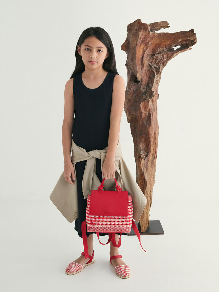 Girls' Ida Knitted Gingham Backpack, Gingham Red, hi-res