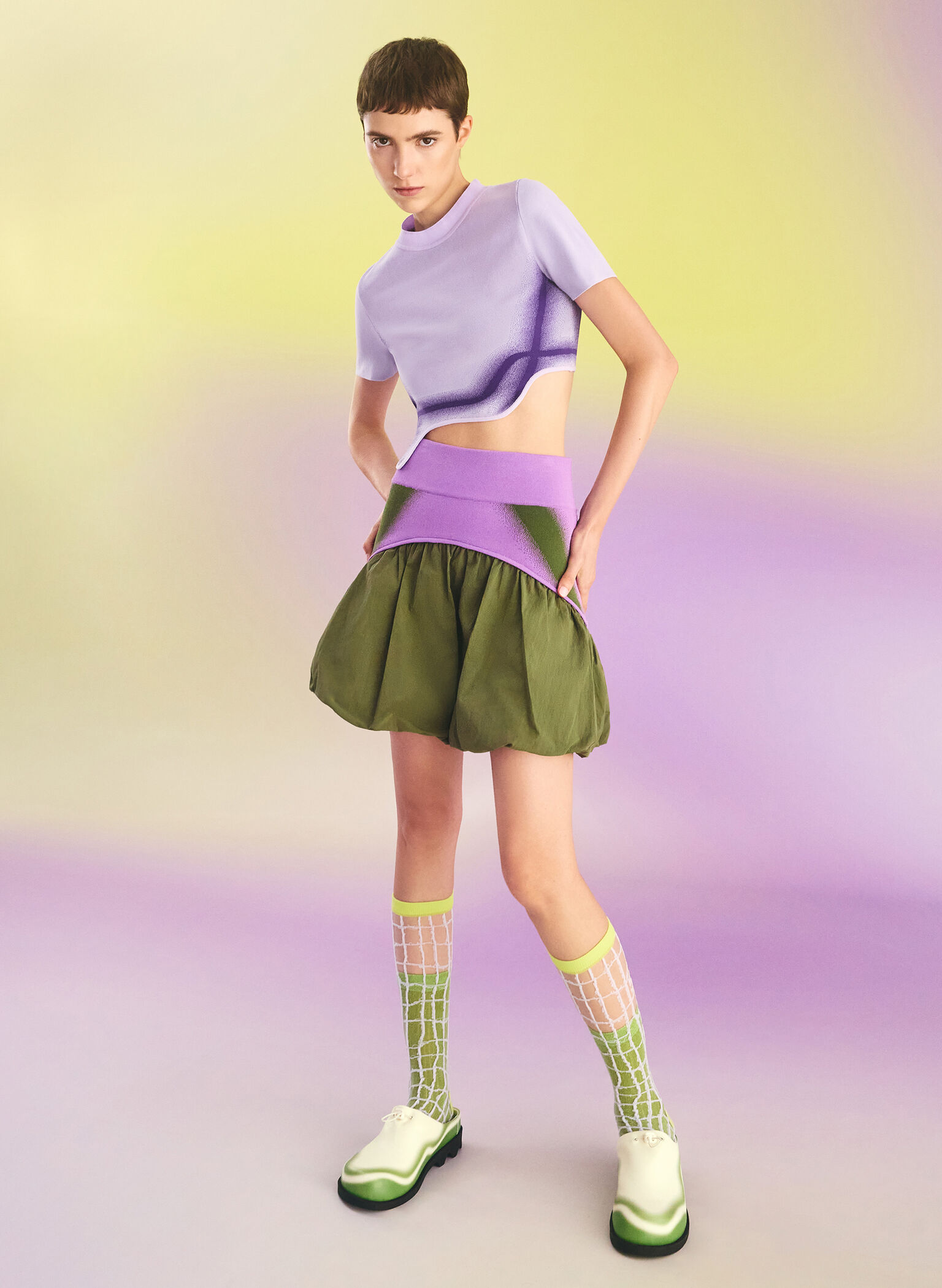 Recycled Polyester Knitted Gradient Wave-Hem Crop Top, Lilac, hi-res