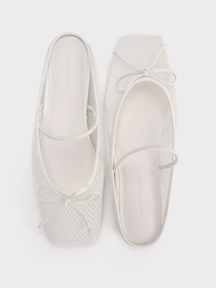 Mesh Bow Square-Toe Ballet Mules, White, hi-res