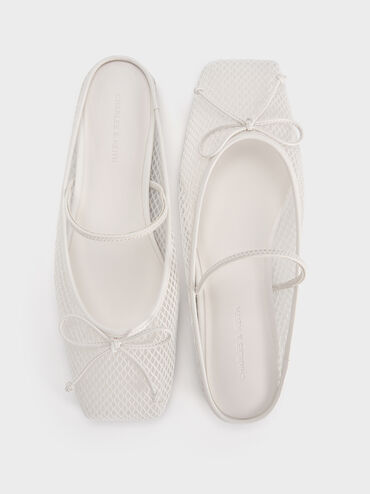 Mesh Bow Square-Toe Ballet Mules, White, hi-res