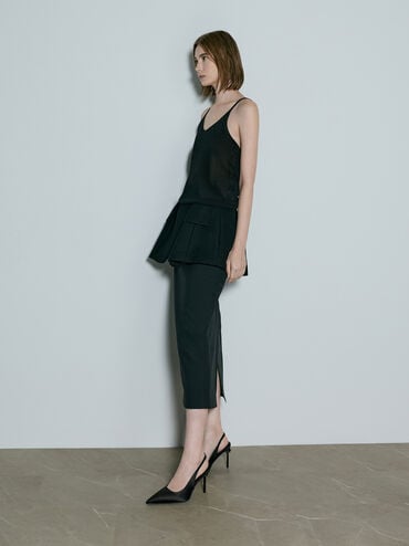 Satin Crystal-Embellished Ball-Heel Pointed-Toe Slingback Pumps, Black Textured, hi-res