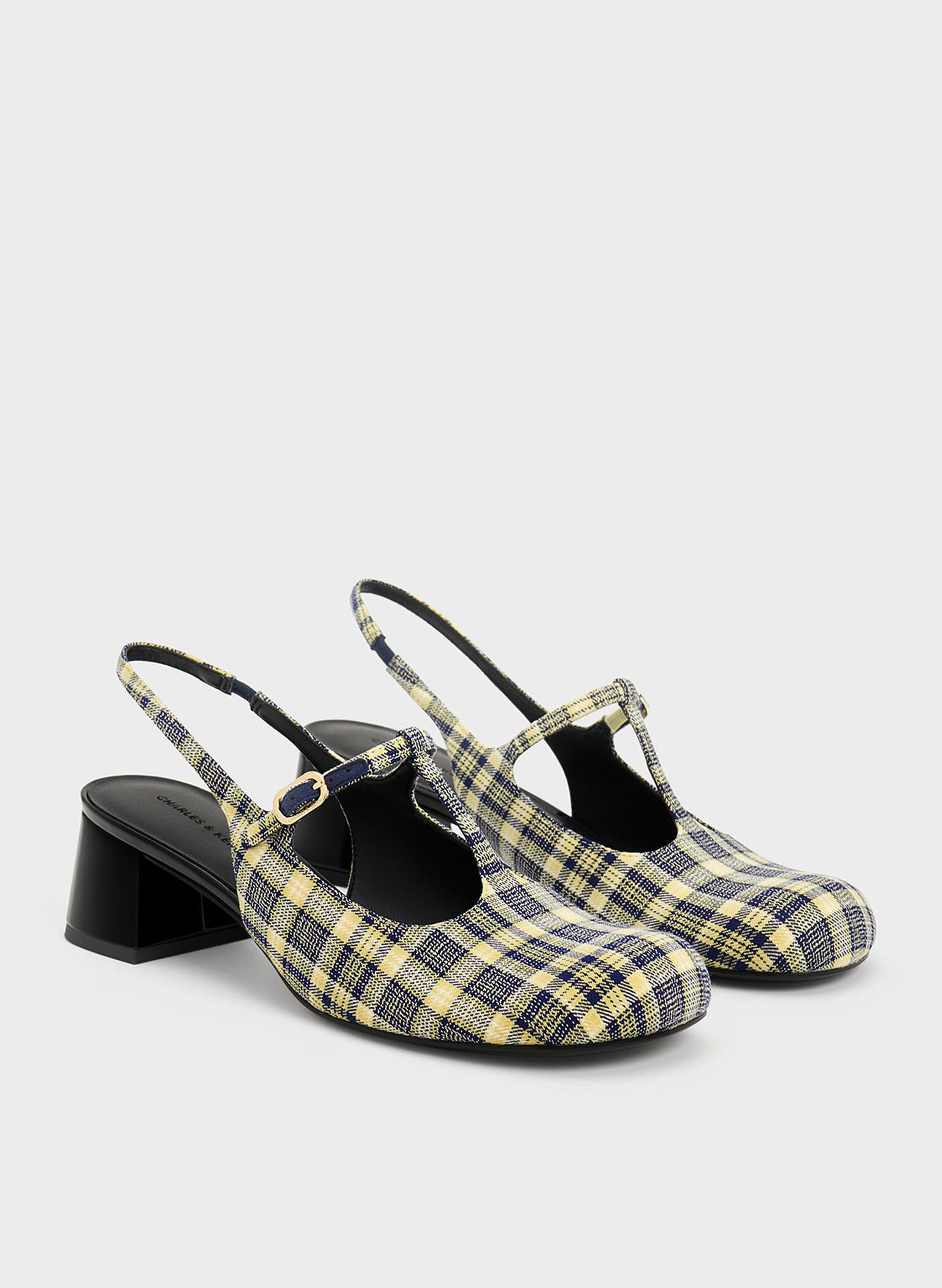 Checkered T-Bar Slingback Mary Jane Pumps, Yellow, hi-res