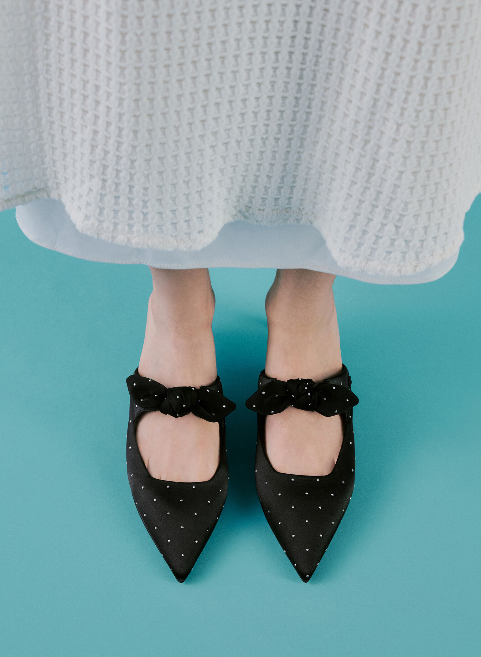 Jayce Dotted Knot-Bow Kitten-Heel Mules, Black Textured, hi-res