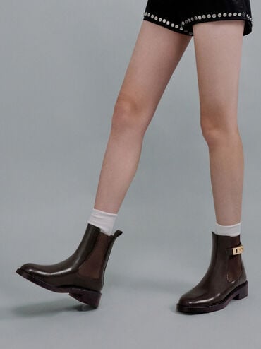 Lando Faux Suede Metallic-Buckle Chelsea Boots, Dark Brown, hi-res