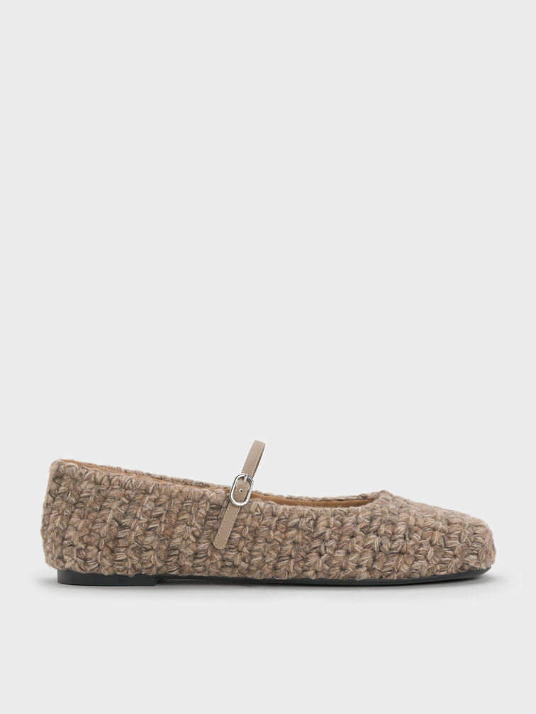 Crochet Mary Jane Flats, Taupe, hi-res