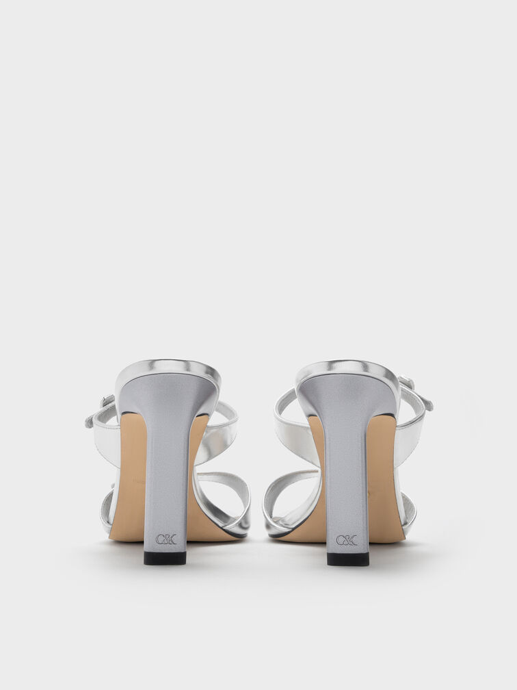 Metallic Leather Gem-Buckle Double-Strap Heeled Sandals, Silver, hi-res