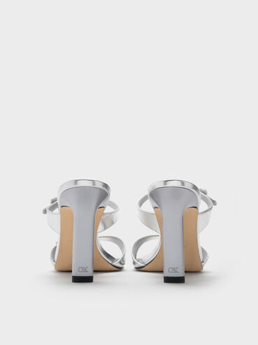 Metallic Leather Gem-Buckle Double-Strap Heeled Sandals, Silver, hi-res