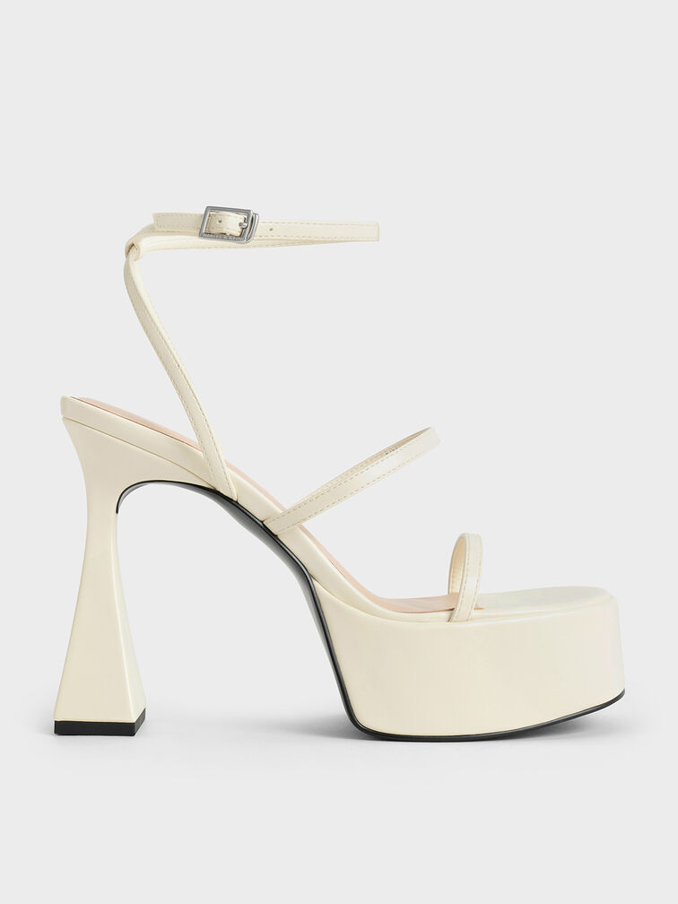 Strappy Sculptural-Heel Platform Sandals, Cream, hi-res