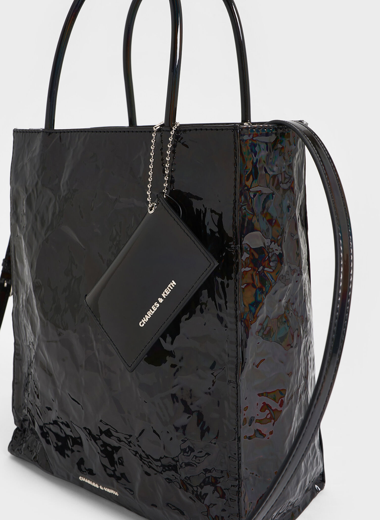 Large Matina Patent Crinkle-Effect Elongated Tote Bag, Prism Noir, hi-res