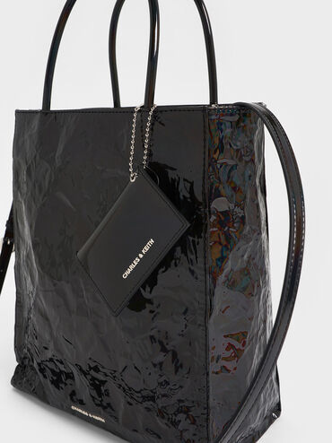Large Matina Patent Crinkle-Effect Elongated Tote Bag, Prism Noir, hi-res