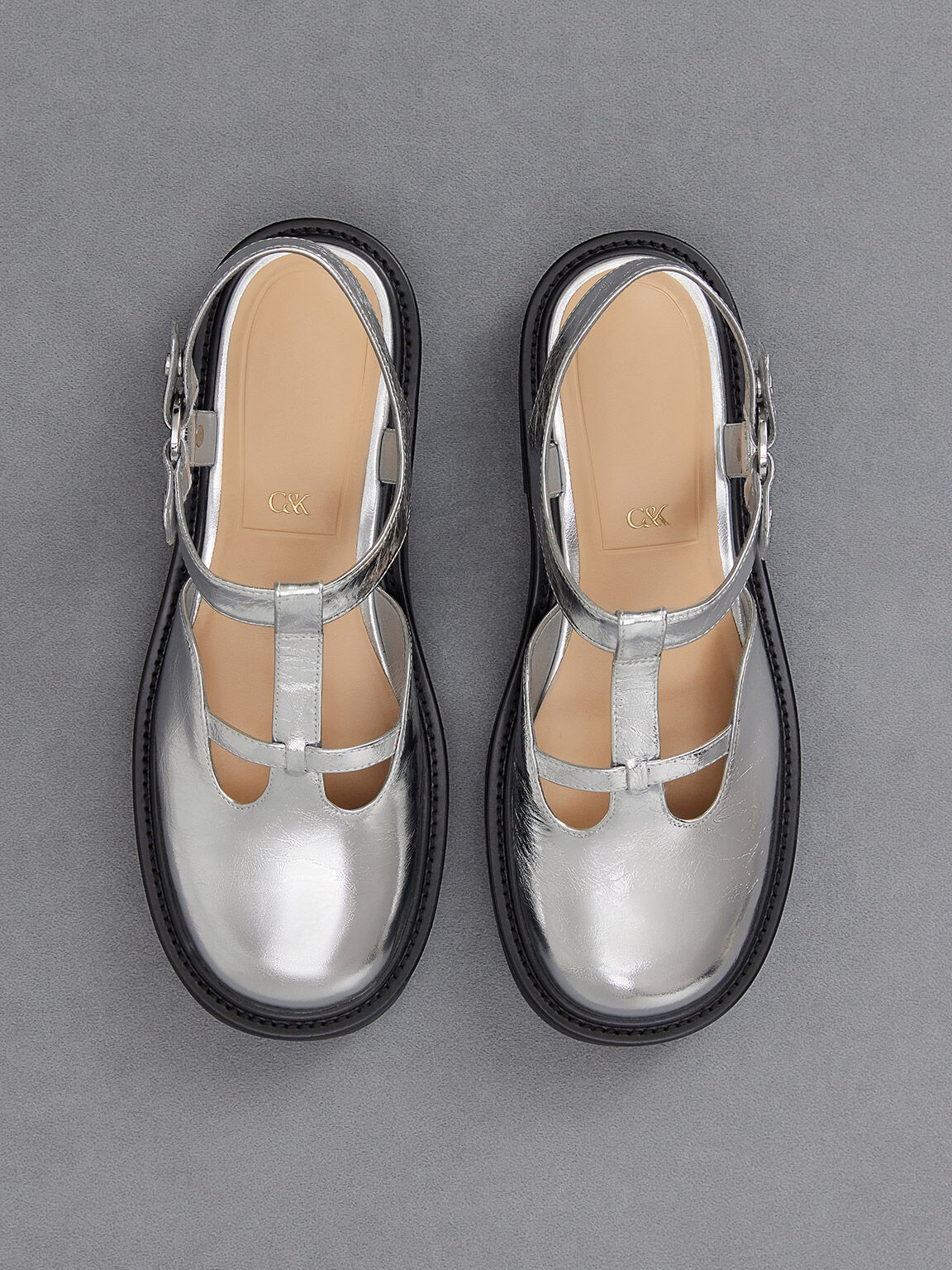 Leather Metallic Cut Out T Bar Sandals Silver