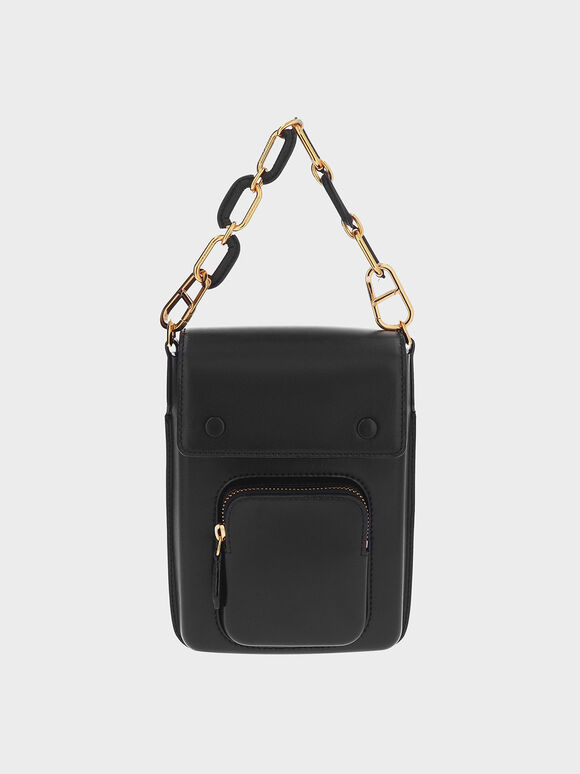 Amber Chain-Handle Long Crossbody Bag, Black, hi-res
