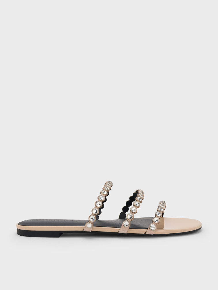 Crystal-Embellished Triple-Strap Sandals, Nude, hi-res