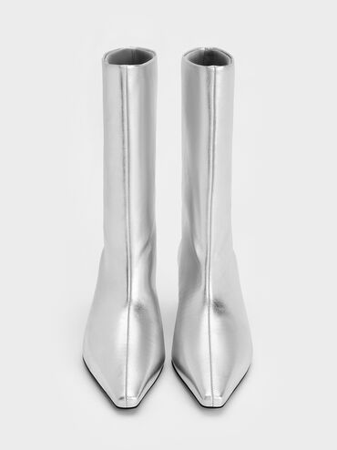 Metallic Elongated Tapered-Toe Kitten-Heel Calf Boots, Silver, hi-res