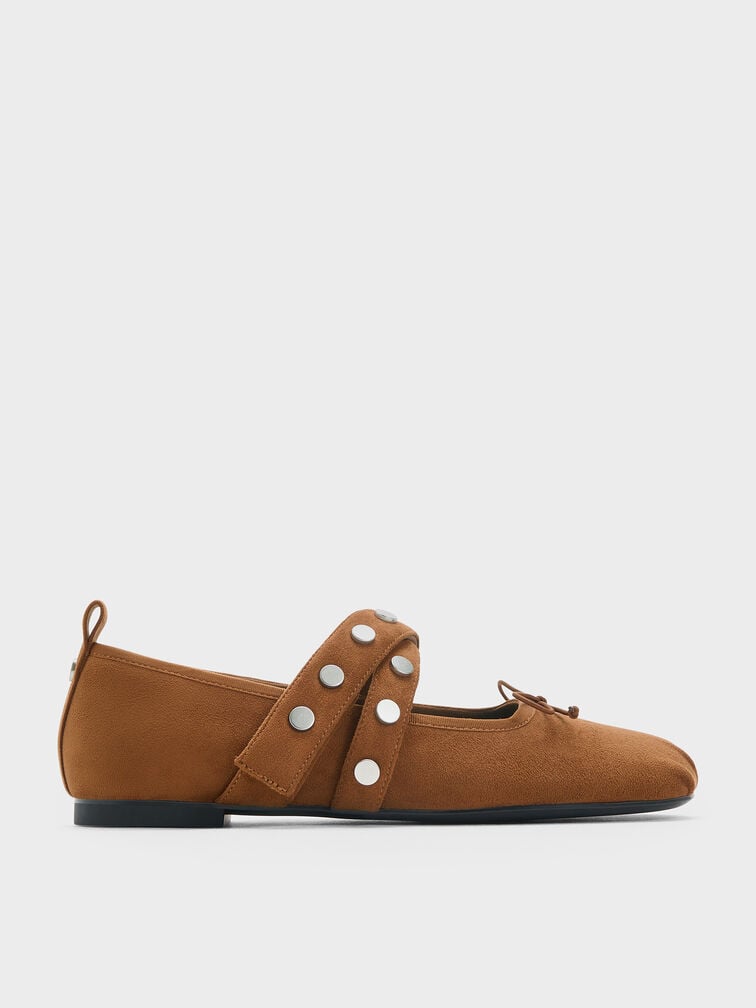 Gael Faux Suede Studded Crossover-Strap Bow Mary Janes, Brown, hi-res
