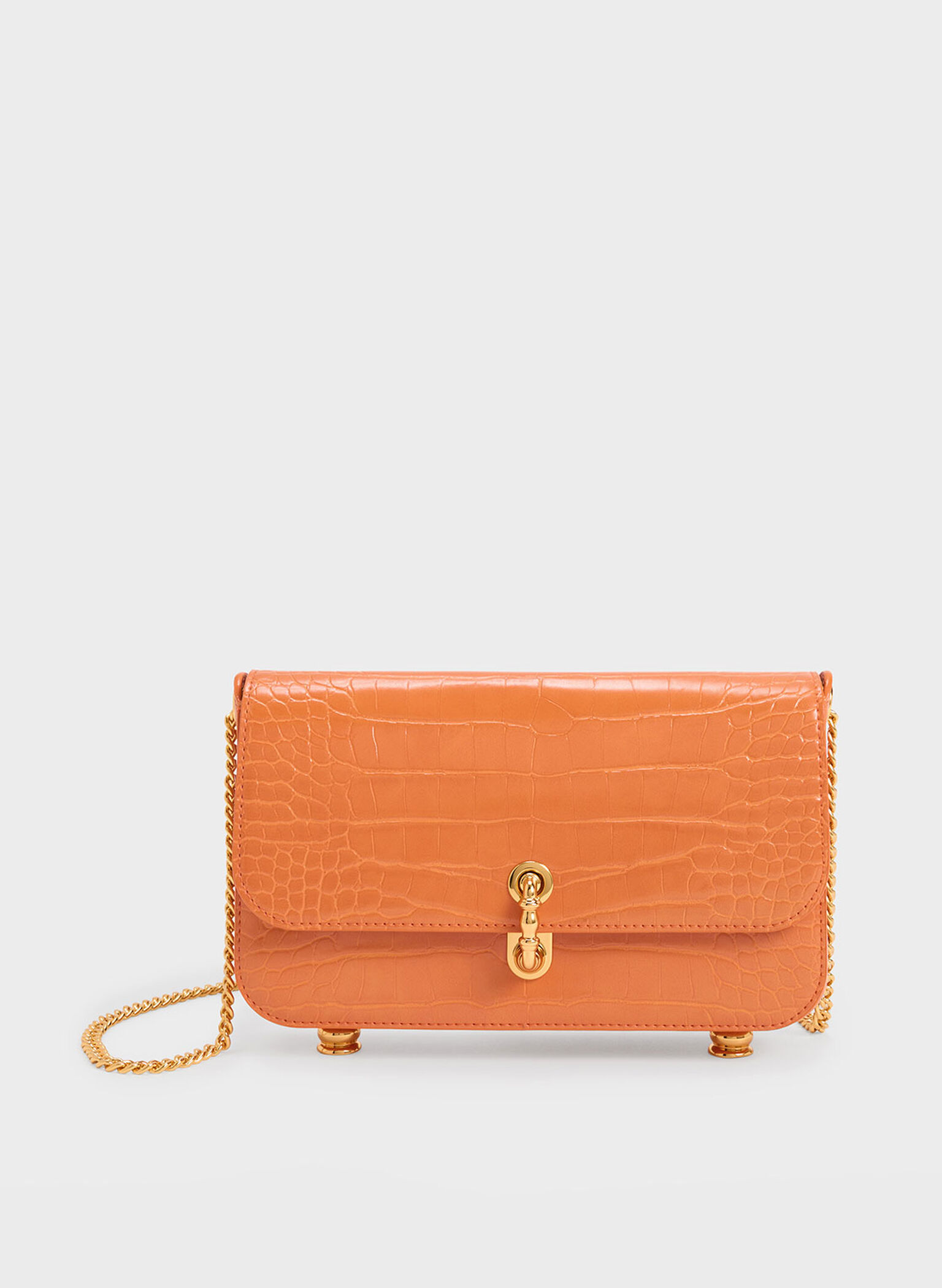 Meriah Croc-Embossed Clutch, Orange, hi-res