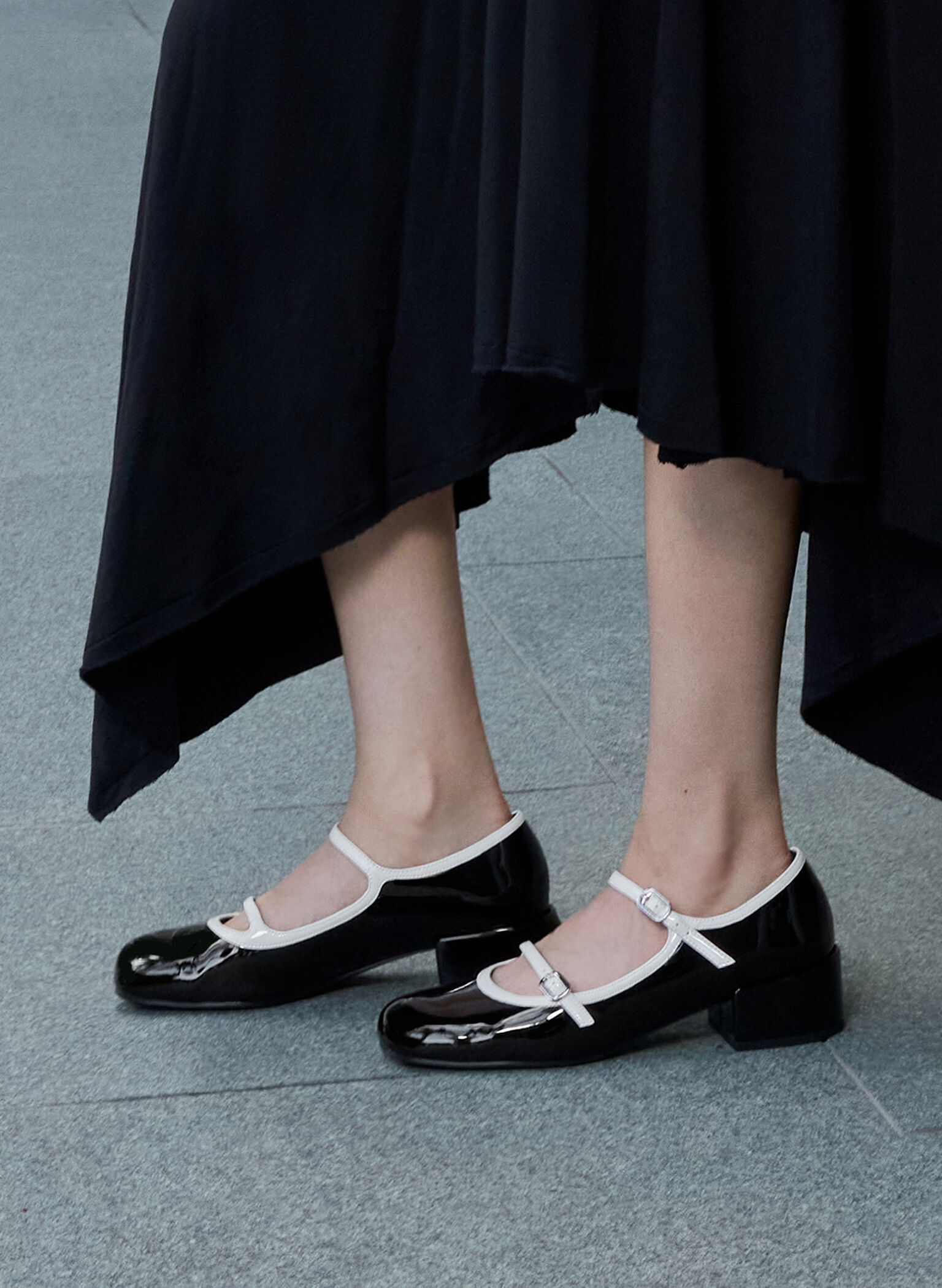 Patent Contrast-Trim Double-Strap Mary Jane Pumps, Black Patent, hi-res