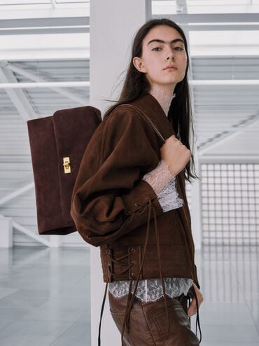 Kerry Recycled Suede Top Handle Satchel Bag, Espresso Brown, hi-res