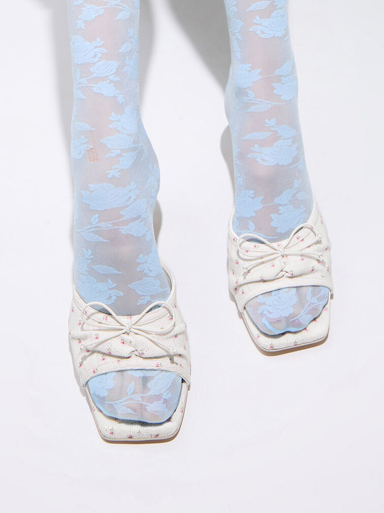 Floral-Print Ruched Bow Heeled Mules, Multi, hi-res