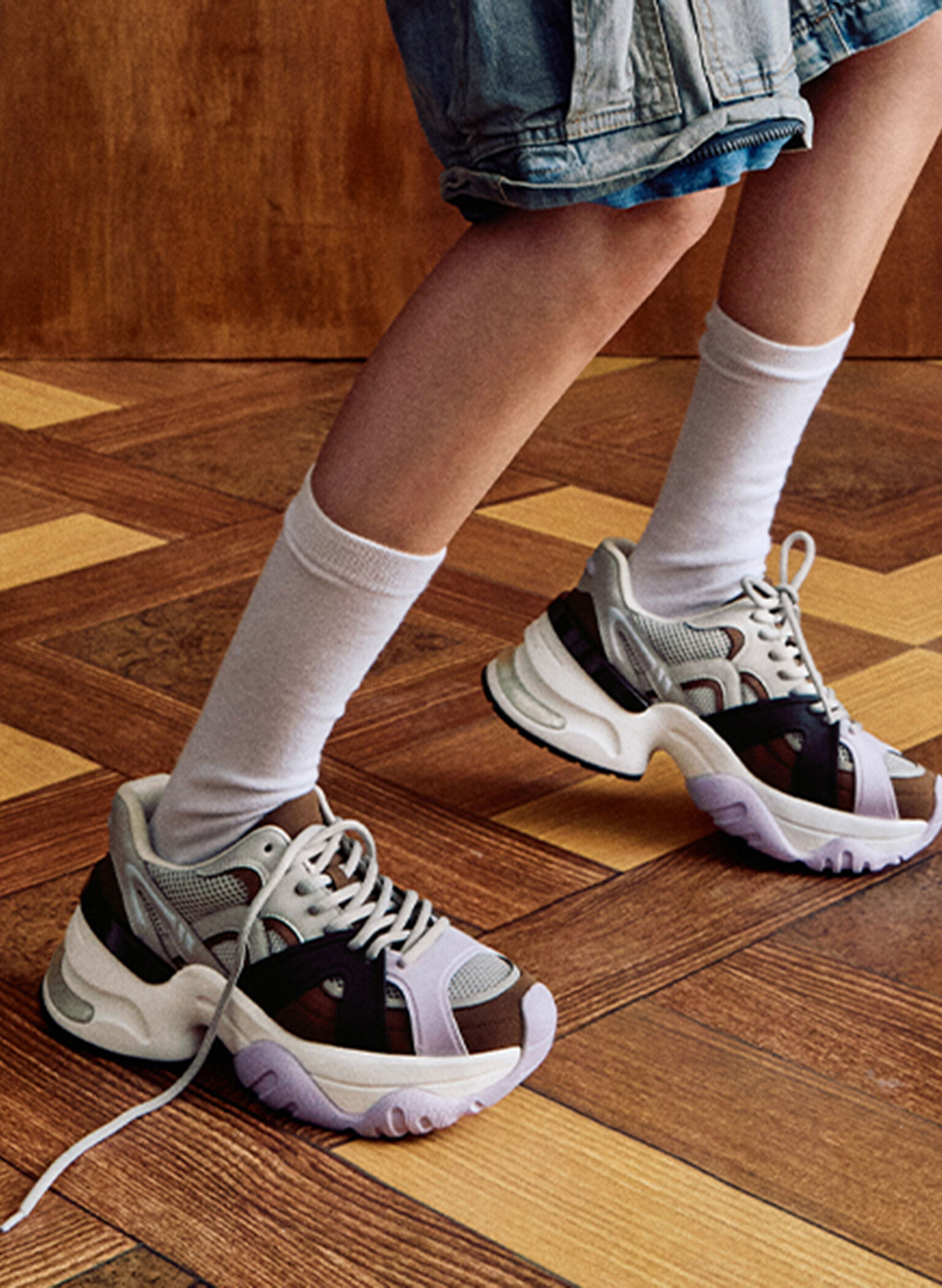Mesh Contrast-Trim Chunky Sneakers, Brown, hi-res