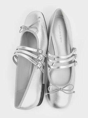 Metallic Triple-Strap Mary Janes, Silver, hi-res