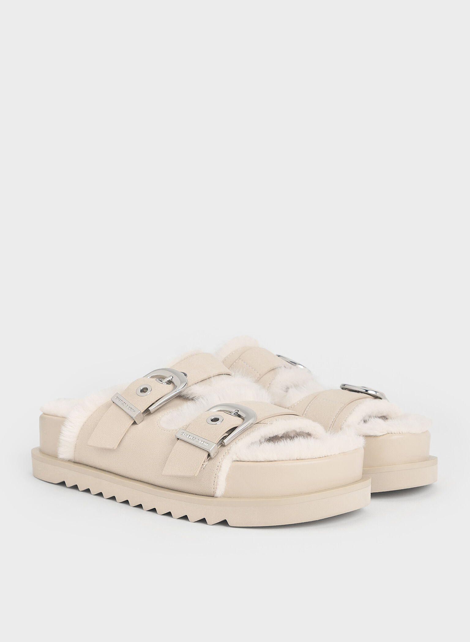 Hannah Furry Buckled Double-Strap Sandals, Beige, hi-res