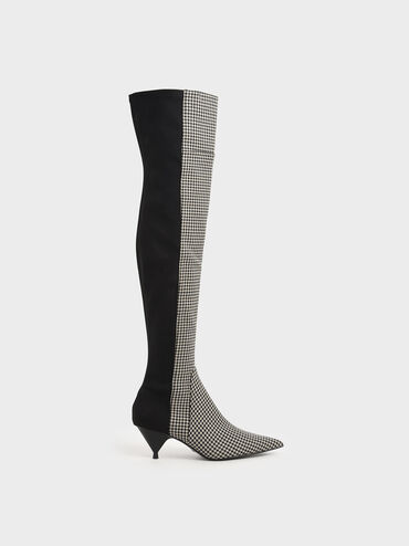 Houndstooth Print Thigh High Boots, Multi, hi-res