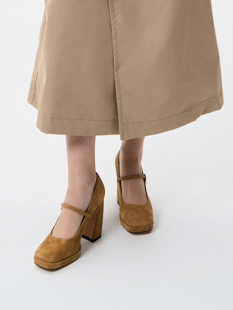 Jyll Suede Platform Mary Janes, Caramel, hi-res