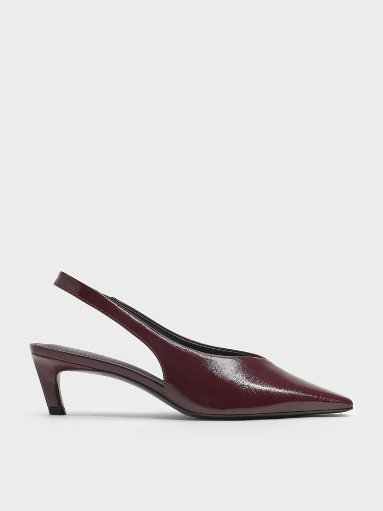 Patent Tapered Square-Toe Slingback Kitten Heels, Burgundy, hi-res