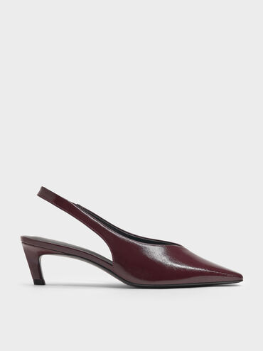 Patent Tapered Square-Toe Slingback Kitten Heels, Burgundy, hi-res