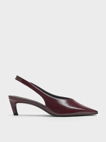 Patent Tapered Square-Toe Slingback Kitten Heels, Burgundy, hi-res