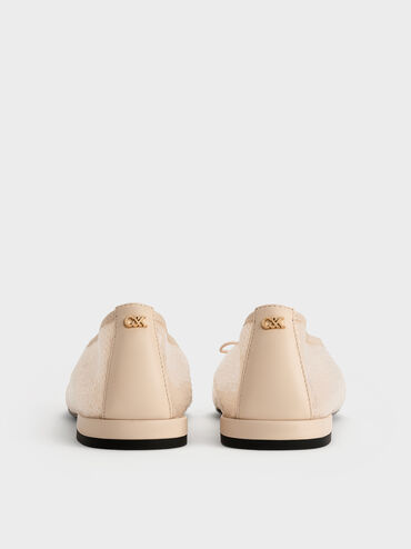 Sequin Mesh & Leather Bow Ballet Flats, Nude, hi-res