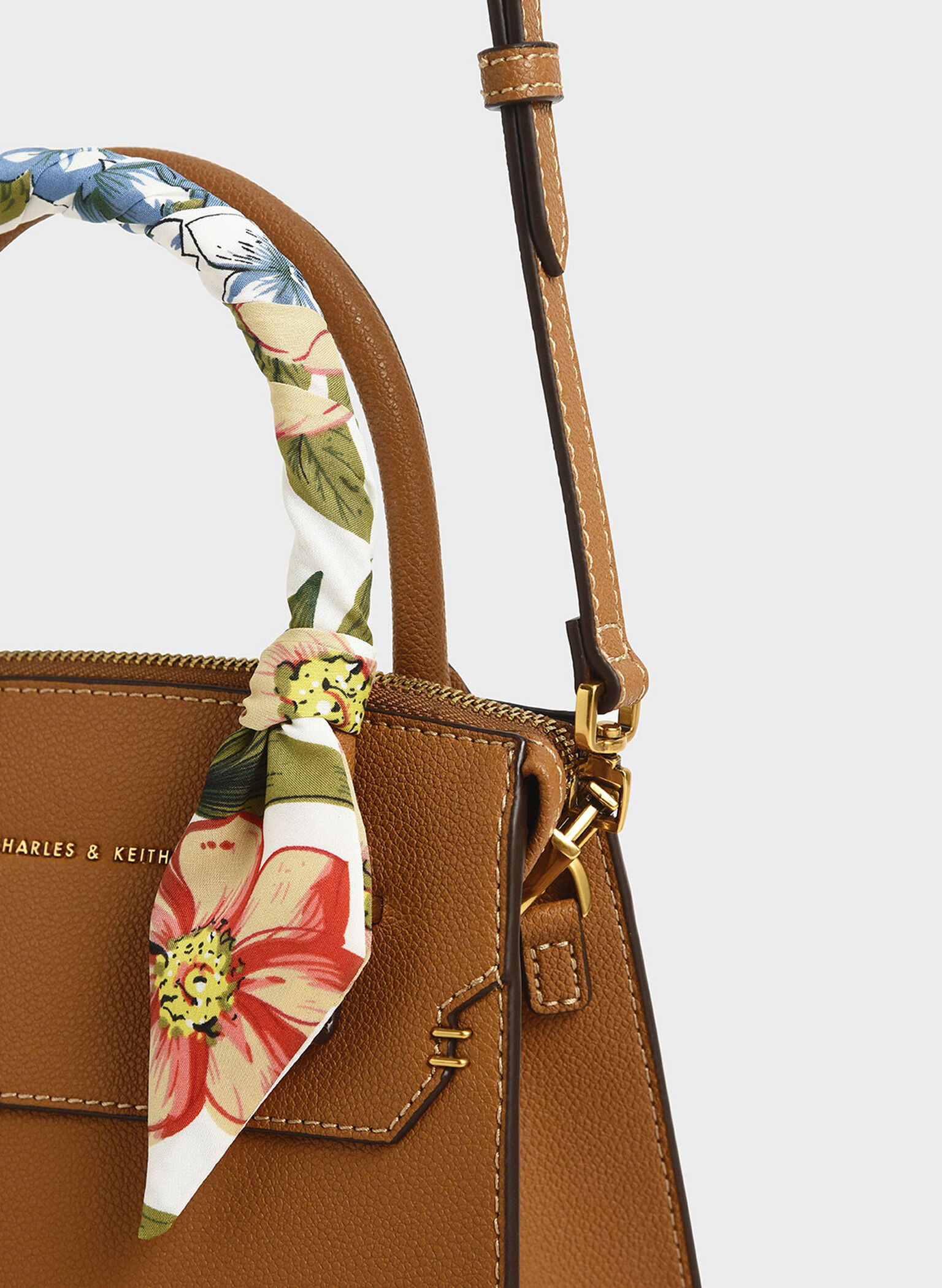 Scarf-Wrapped Top Handle Bag, Camel, hi-res