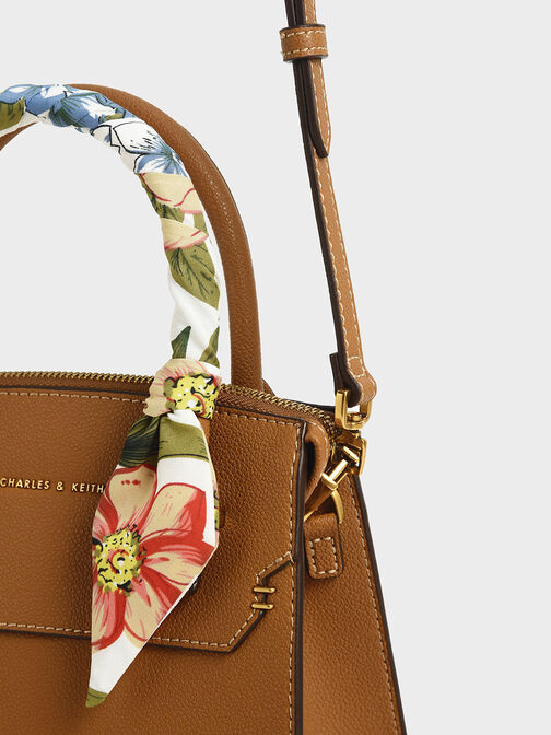 Scarf-Wrapped Top Handle Bag, Camel, hi-res