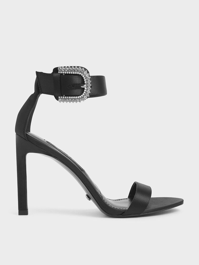 Satin Embellished Buckle Stiletto Heels, Black, hi-res