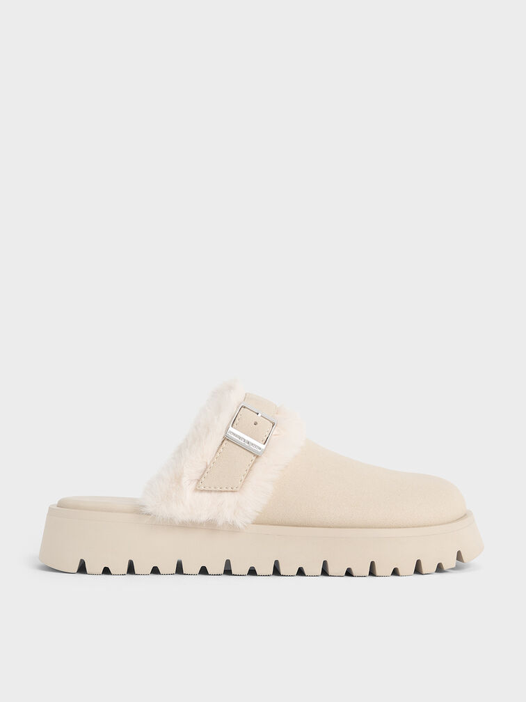 Hannah Textured Fur-Trim Buckled Mules, Beige, hi-res