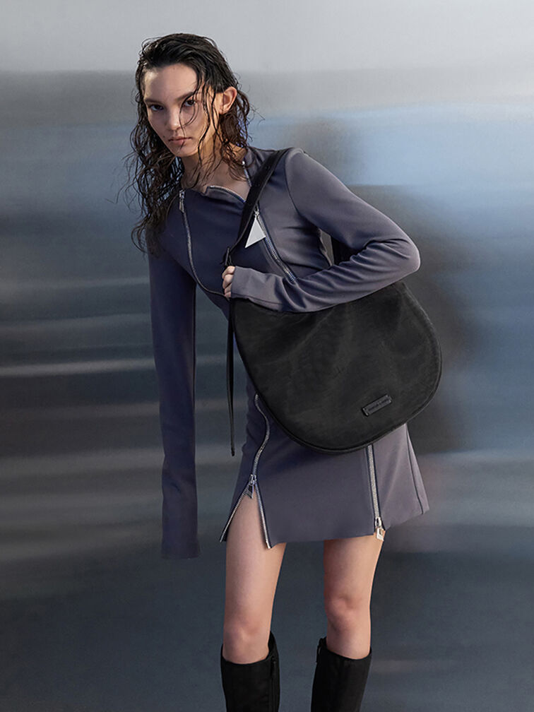 Mesh Crescent Hobo Bag, Jet Black, hi-res