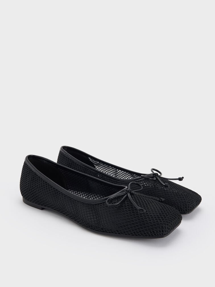 Mesh Square-Toe Bow Ballet Flats, Black Textured, hi-res