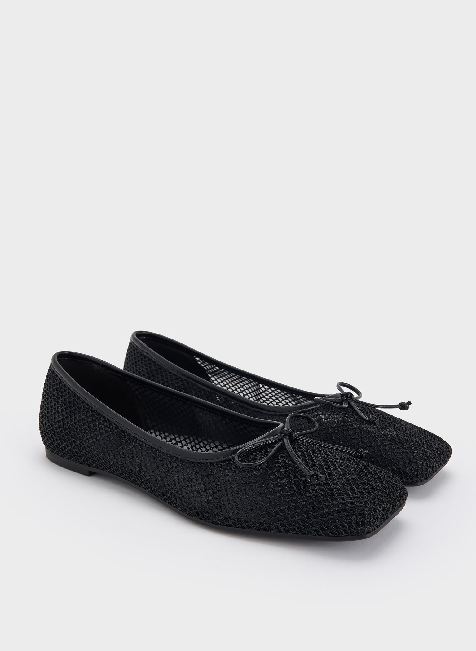 Mesh Square-Toe Bow Ballet Flats, Black Textured, hi-res